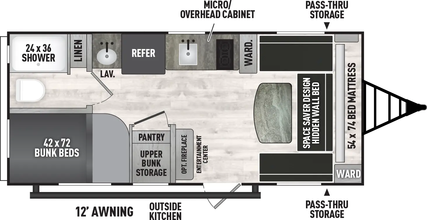 The 182DBU has zero slideouts and one entry. Exterior features front pass through storage, outside kitchen, and 12 foot awning. Interior layout front to back: space saver design hidden wall bed with wardrobe on door side; off-door side wardrobe, kitchen counter with cooktop and sink, overhead cabinets and microwave, and refrigerator; door side entry, entertainment center with optional fireplace, pantry, and upper bunk storage; rear off-door side bathroom sink outside bathroom with shower, toilet and linen closet; door side rear bunk beds.